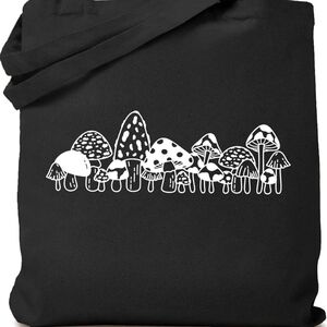 Black Canvad Tote Bag with Cute White Mushroom Design! 🍄
